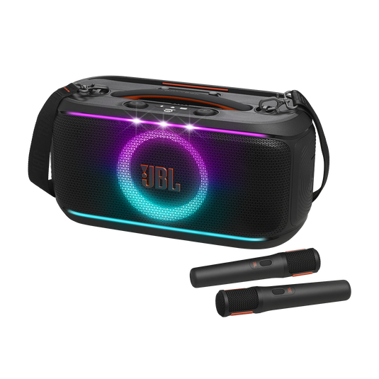 JBL PartyBox On-the-Go 2 - Black - Portable party speaker with two wireless digital mics, handle and a shoulder strap - Hero image number null